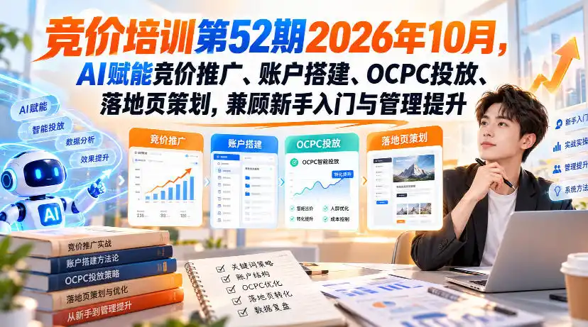 【无水印】竞价培训第52期2026年10月，AI赋能竞价推广、账户搭建、OCPC投放、落地页策划，兼顾新手入门与管理提升-云途创业网