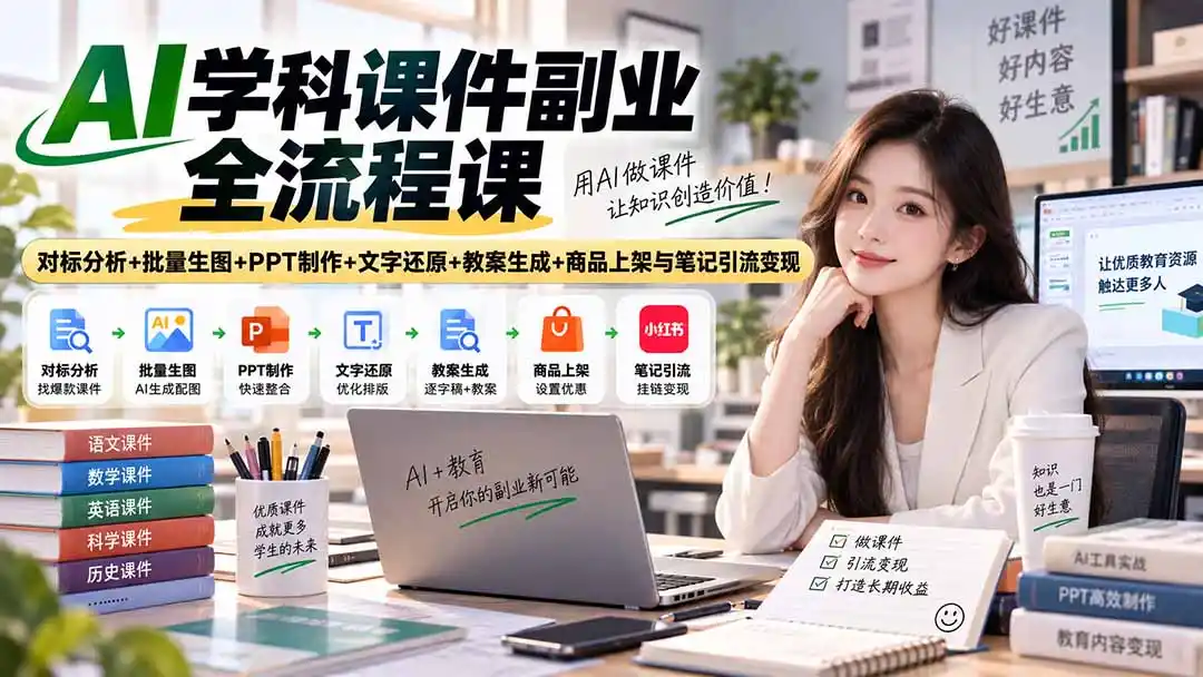 AI学科课件副业全流程课｜对标分析+批量生图+PPT制作+文字还原+教案生成+商品上架与笔记引流变现-云途创业网