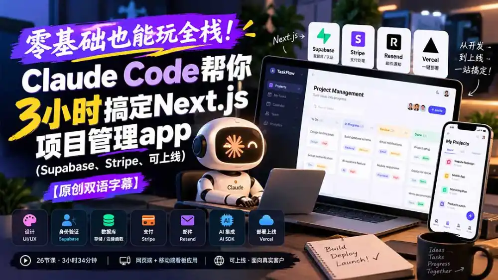 零基础也能玩全栈！Claude Code帮你3小时搞定Next.js项目管理app(Supabase、Stripe、可上线-云途创业网