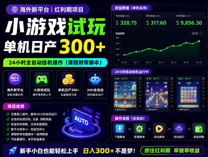 海外新平台，小游戏试玩，单机日产300+，24小时全自动挂G操作(课程附带脚本)【揭秘】-云途创业网