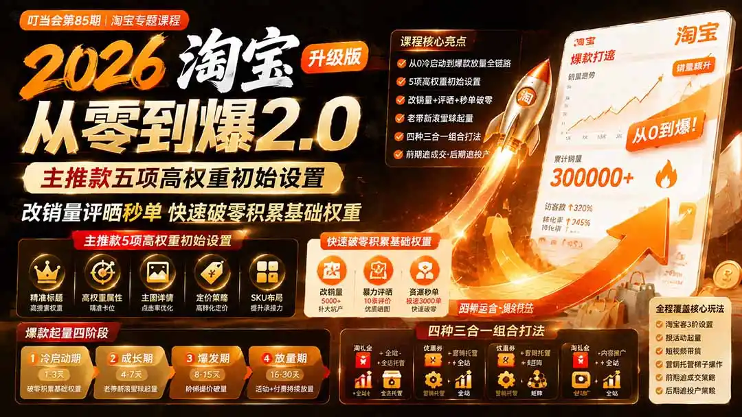 2026淘宝从零到爆2.0第85期；主推款五项高权重初始设置，改销量评晒秒单快速破零积累基础权重-云途创业网