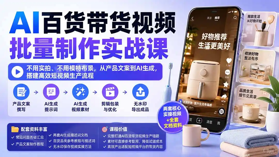 AI百货带货视频批量制作实战课：不用实拍、不用模特布景，从产品文案到AI生成，搭建高效短视频生产流程-云途创业网