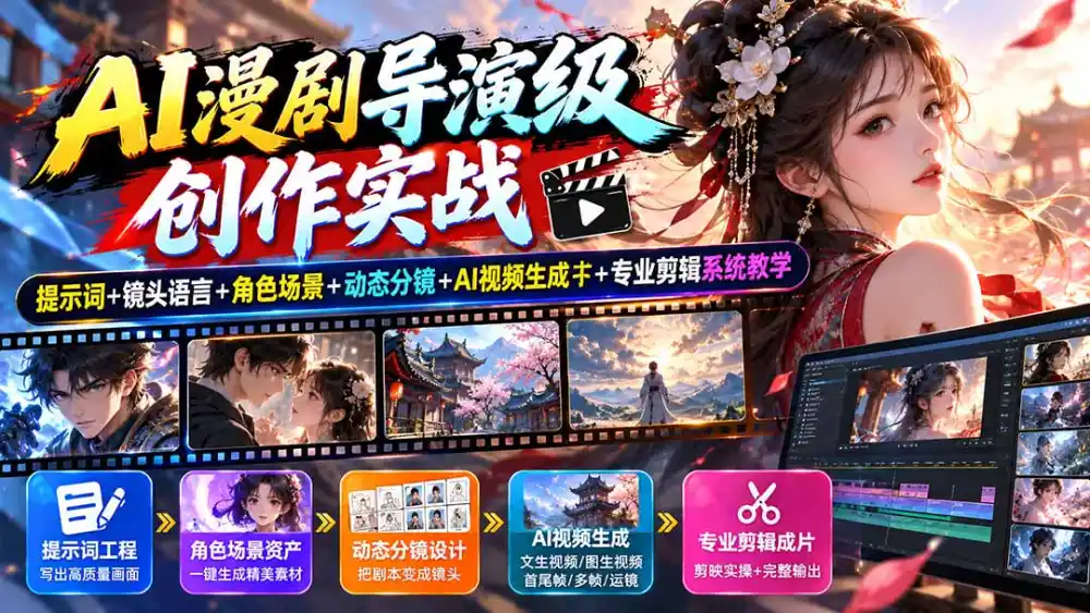 AI漫剧导演级创作实战:提示词+镜头语言+角色场景+动态分镜+AI视频生成+专业剪辑系统教学-云途创业网