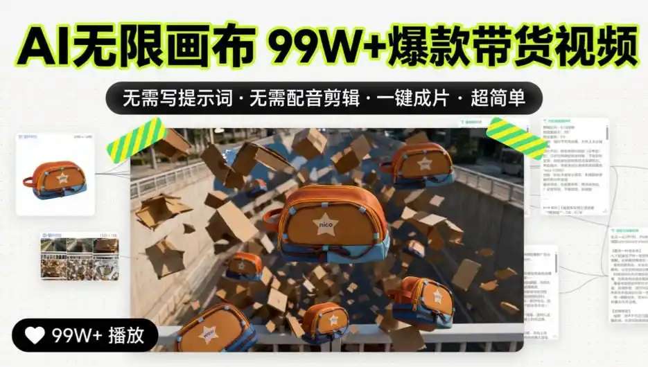 AI无限画布99W+爆款带货视频，无需写提示词·无需配音剪辑·一键成片·超简单-云途创业网