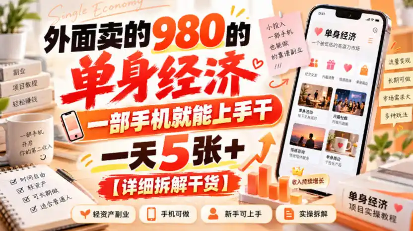 外面卖的980的单身经济，一部手机就能上手干，一天5张+【详细拆解干货】-云途创业网