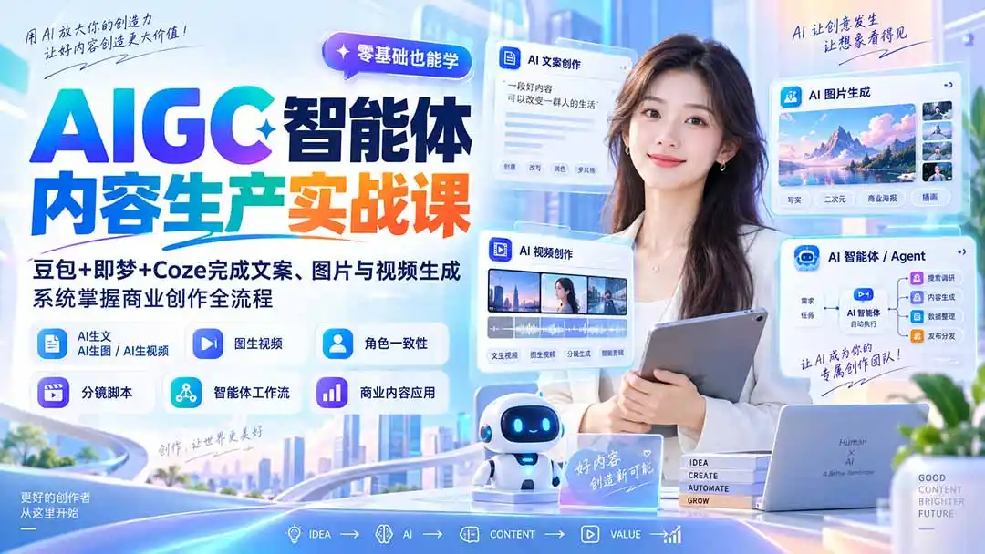 AIGC智能体内容生产实战课：豆包+即梦+Coze完成文案、图片与视频生成，系统掌握商业创作全流程-云途创业网