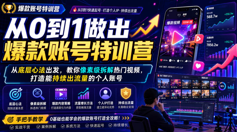 从0到1做出爆款账号特训营，从底层心法出发，教你像素级拆解热门视频，打造能持续出流量的个人账号-云途创业网
