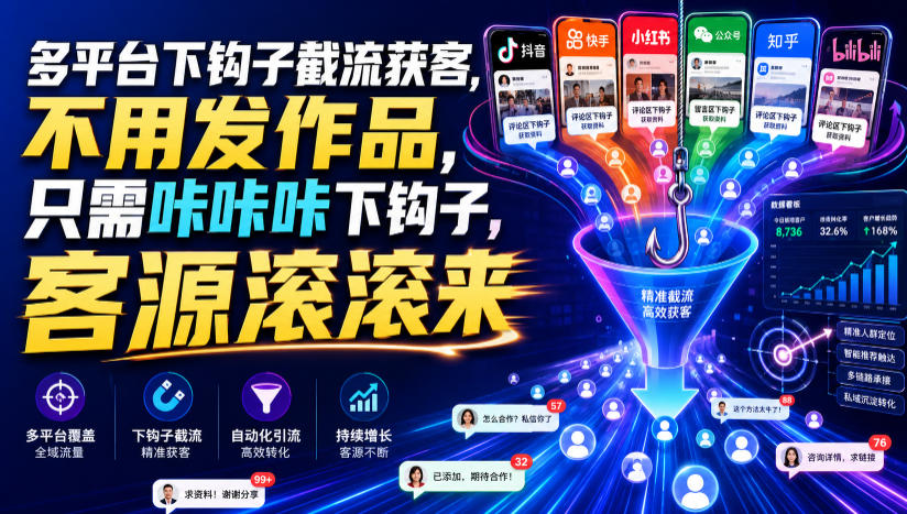 多平台下钩子截流获客，不用发作品，只需咔咔咔下钩子，客源滚滚来-云途创业网
