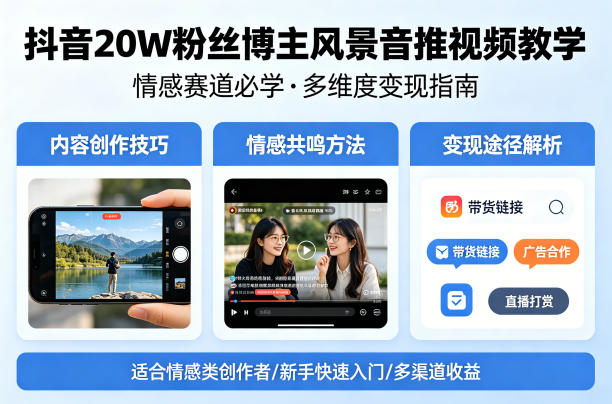 抖音20W粉丝博主风景音推视频教学,情感赛道必学,各种变现途径-云途创业网