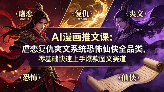 AI漫画推文课：虐恋复仇爽文系统恐怖仙侠全品类，零基础快速上手爆款图文赛道-云途创业网