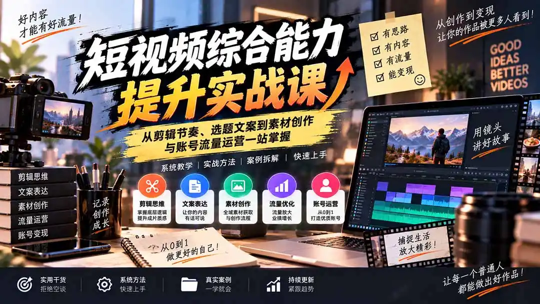 短视频综合能力提升实战课：从剪辑节奏、选题文案到素材创作与账号流量运营一站掌握-云途创业网