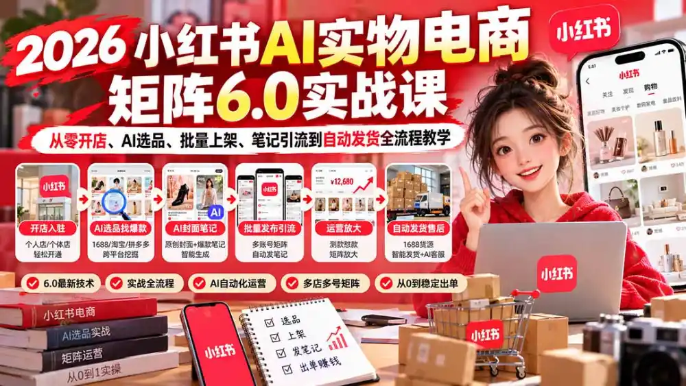 2026小红书AI实物电商矩阵6.0实战课：从零开店、AI选品、批量上架、笔记引流到自动发货全流程教学-云途创业网