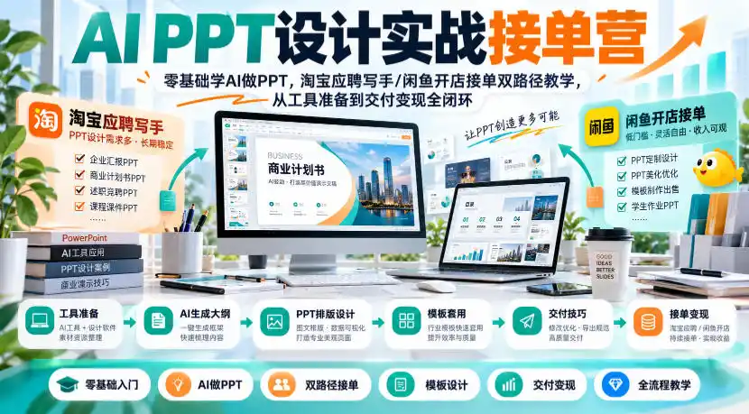 AI PPT设计实战接单营|零基础学AI做PPT,淘宝应聘写手/闲鱼开店接单双路径教学,从工具准备到交付变现全闭环 AI PPT设计实战接单营|零基础学AI做PPT,淘宝应聘写手/闲鱼开店接单双路径教学,从工具准备到交付变现全闭环