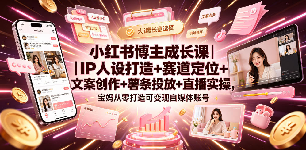小红书博主成长课|IP人设打造+赛道定位+文案创作+薯条投放+直播实操,宝妈从零打造可变现自媒体账号-云途创业网