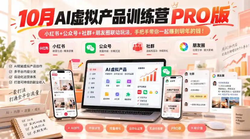 10月AI虚拟产品训练营PRO版,小红书+公众号+社群+朋友圈联动玩法,手把手带你一起赚到明年的钱! 10月AI虚拟产品训练营PRO版,小红书+公众号+社群+朋友圈联动玩法,手把手带你一起赚到明年的钱!