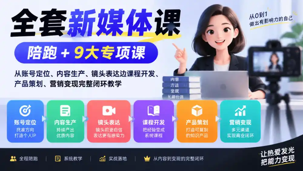 全套新媒体课｜陪跑+9大专项课，从账号定位、内容生产、镜头表达到课程开发、产品策划、营销变现完整闭环教学-云途创业网