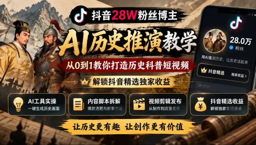 抖音28W粉丝博主的AI历史推演教学，从0到1教你打造历史科普短视频，解锁抖音精选独家收益-云途创业网