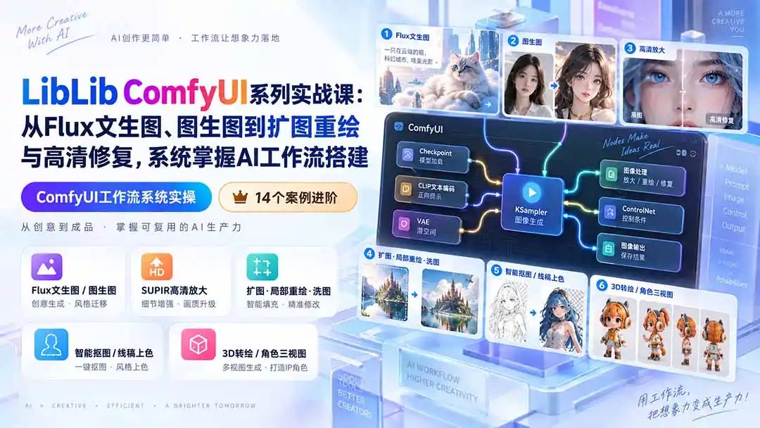 LibLib ComfyUI系列实战课：从Flux文生图、图生图到扩图重绘与高清修复，系统掌握AI工作流搭建-云途创业网
