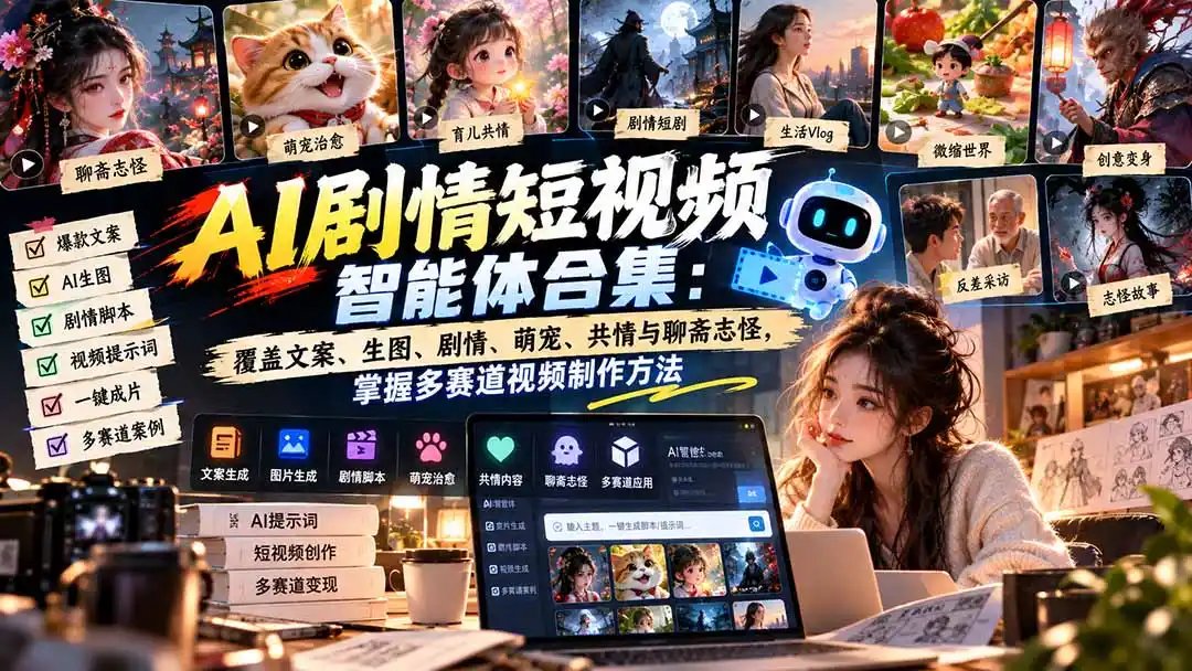 【无水印】AI剧情短视频智能体合集：覆盖文案、生图、剧情、萌宠、共情与聊斋志怪，掌握多赛道视频制作方法-云途创业网