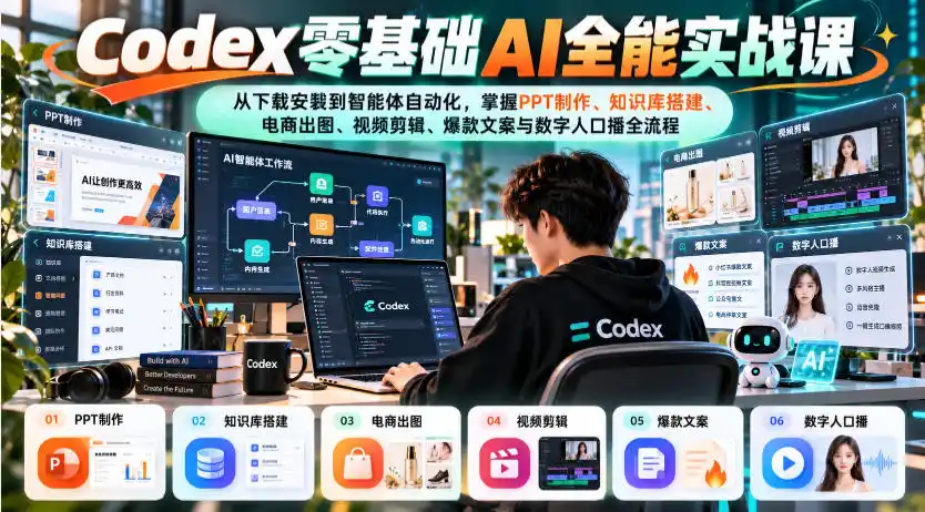 Codex零基础AI全能实战课：从下载安装到智能体自动化，掌握知识库搭建、电商出图、视频剪辑、爆款文案与数字人口播全流程-云途创业网