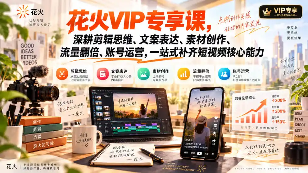 花火VIP专享课，深耕剪辑思维、文案表达、素材创作、流量翻倍、账号运营，一站式补齐短视频核心能力-云途创业网