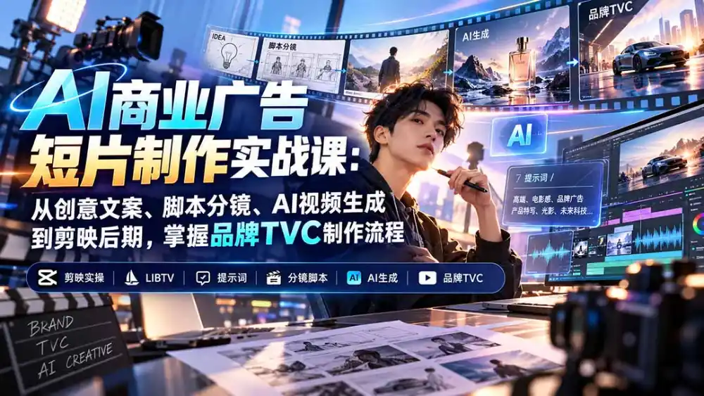 AI商业广告短片制作实战课:从创意文案、脚本分镜、AI视频生成到剪映后期,掌握品牌TVC制作流程 AI商业广告短片制作实战课:从创意文案、脚本分镜、AI视频生成到剪映后期,掌握品牌TVC制作流程