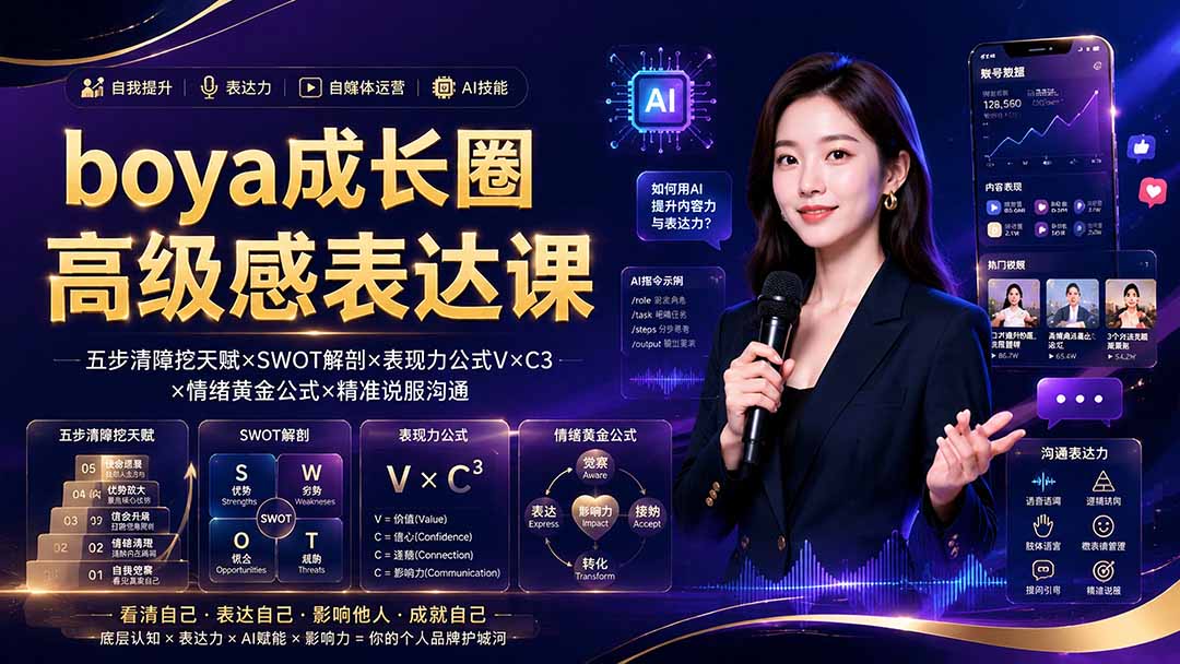 boya成长圈｜内心成长高级表达AI自媒体三合一，消解内耗挖掘天赋，镜头沟通AI指令短视频全流程教学-云途创业网