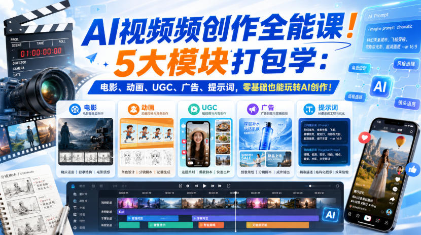 AI视频频创作全能课！5大模块打包学：电影、动画、UGC、广告、提示词，零基础也能玩转AI创作！【原创双语字幕】-云途创业网