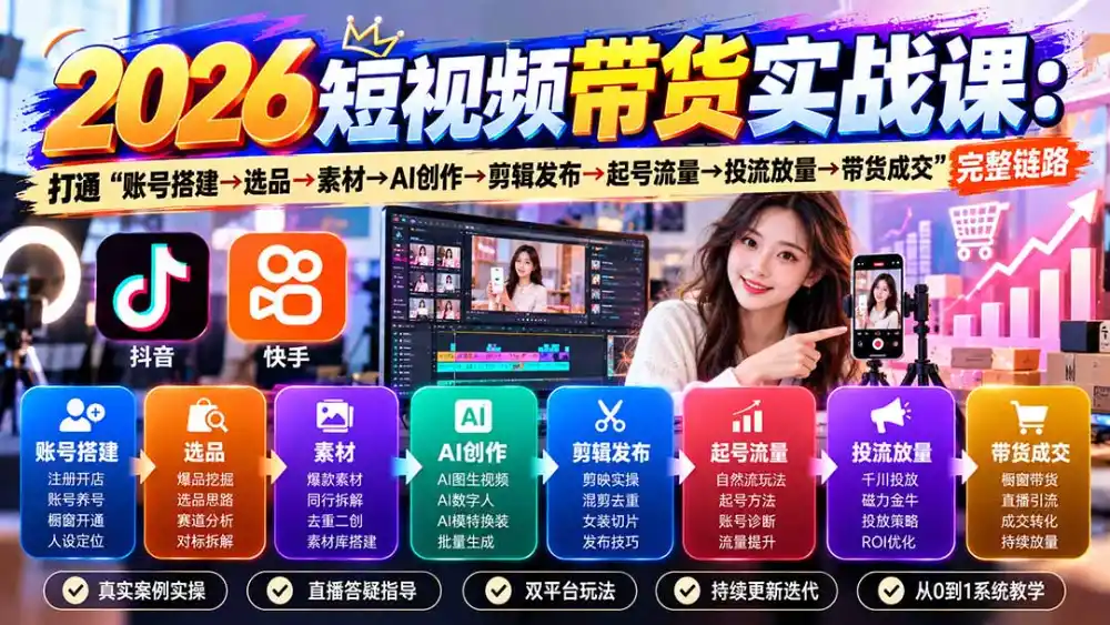 2026短视频带货实战课9月：打通“账号搭建→选品→素材→AI创作→剪辑发布→起号流量→投流放量→带货成交”完整链路-云途创业网