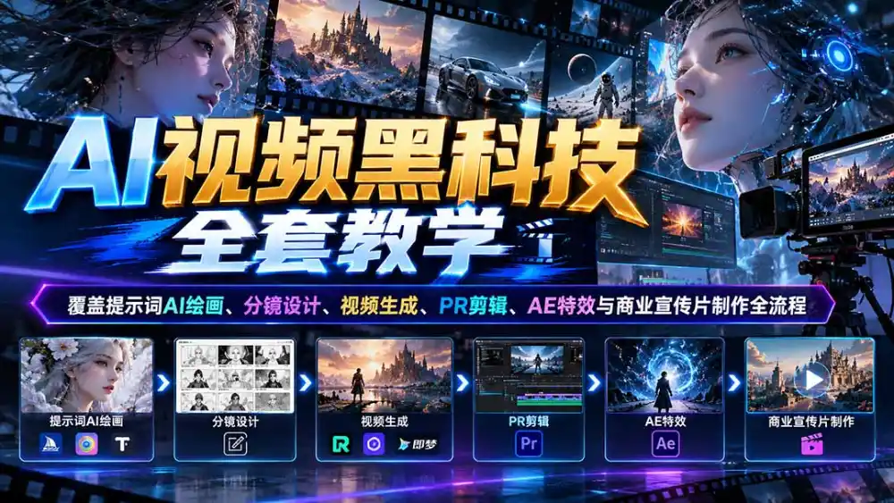 AI视频黑科技全套教学：覆盖提示词AI绘画、分镜设计、视频生成、PR剪辑、AE特效与商业宣传片制作全流程-云途创业网