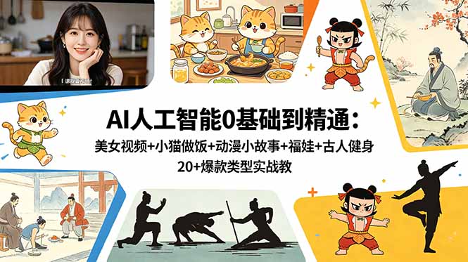 AI人工智能0基础到精通：美女视频+小猫做饭+动漫小故事+福娃+古人健身，20+爆款类型实战教学-云途创业网