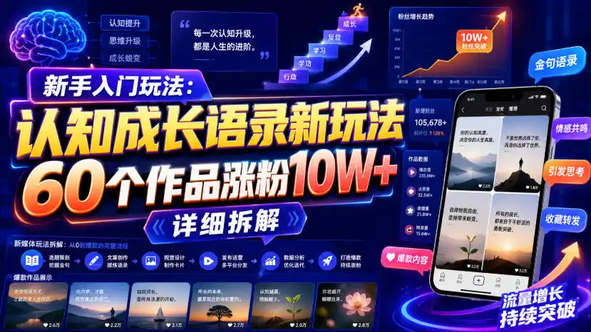 新手入门玩法：认知成长语录新玩法，60个作品涨粉10W+，详细拆解-云途创业网