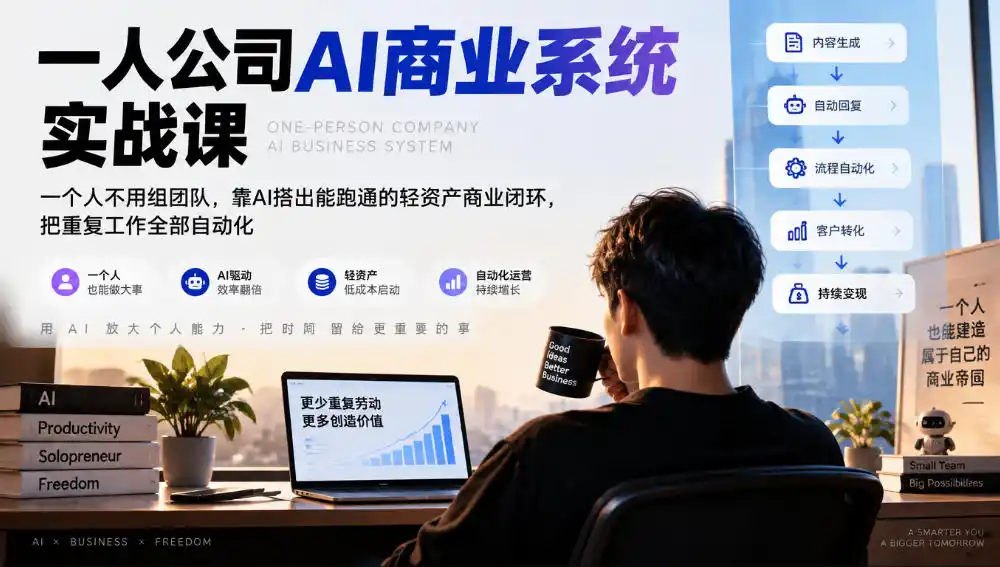 一人公司AI商业系统实战课，一个人不用组团队，靠AI搭出能跑通的轻资产商业闭环，把重复工作全部自动化-云途创业网