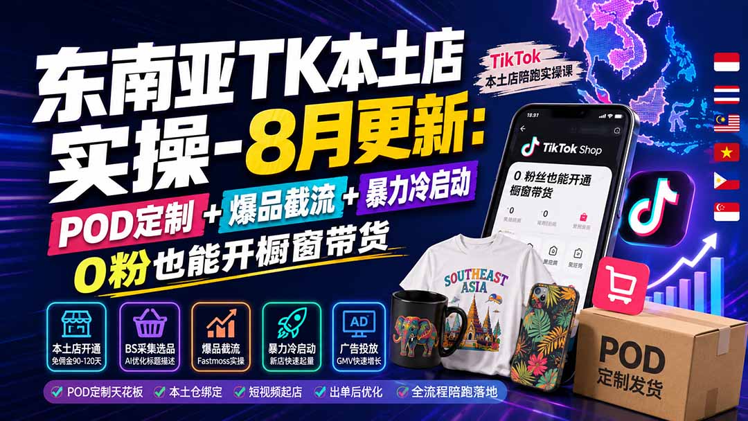 东南亚TK本土店实操-8月更新：POD定制+爆品截流+暴力冷启动，0粉也能开橱窗带货-云途创业网