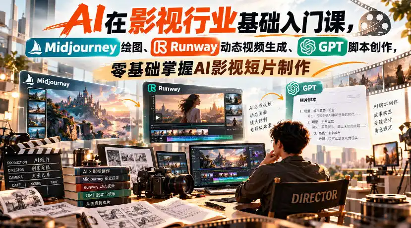 【无水印】AI在影视行业基础入门课，Midjourney绘图、Runway动态视频生成、GPT脚本创作，零基础掌握AI影视短片制作-云途创业网