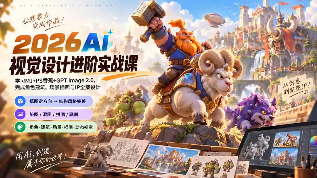 2026AI视觉设计进阶实战课-更新1007：学习MJ+PS香蕉+GPT Image 2.0，完成角色建筑、场景插画与IP全案设计-云途创业网