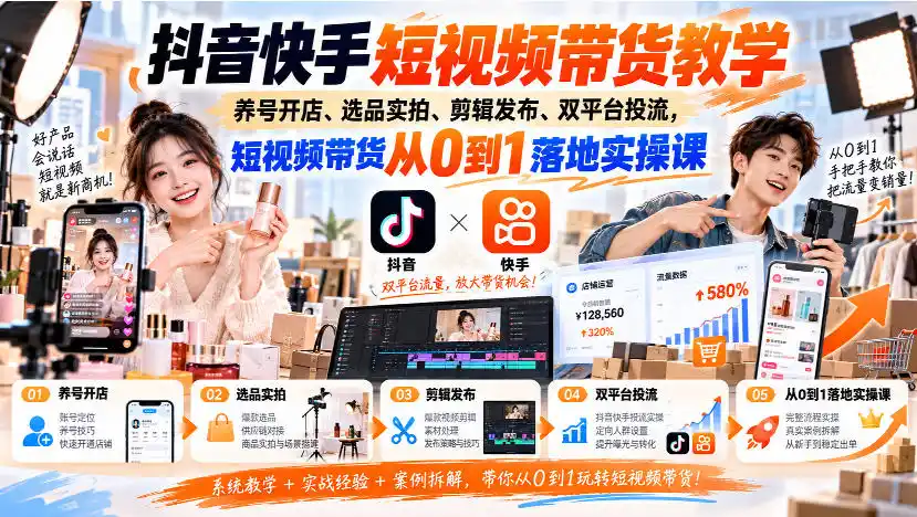 抖音快手短视频带货教学｜养号开店、选品实拍、剪辑发布、双平台投流，短视频带货从0到1落地实操课-云途创业网