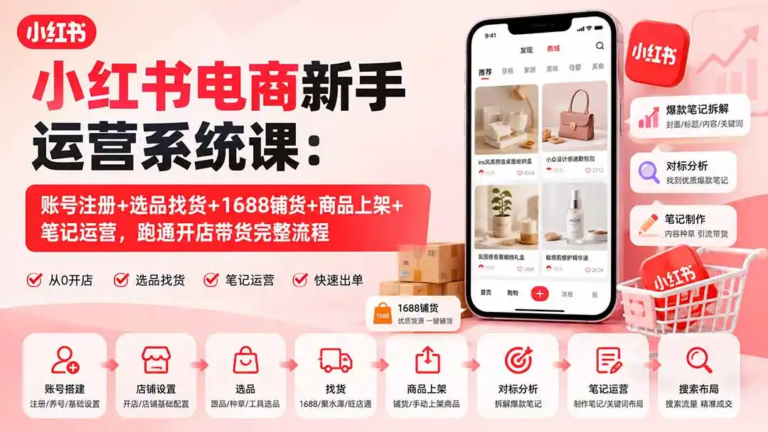 小红书电商新手运营系统课：账号注册+选品找货+1688铺货+商品上架+笔记运营，跑通开店带货完整流程-云途创业网