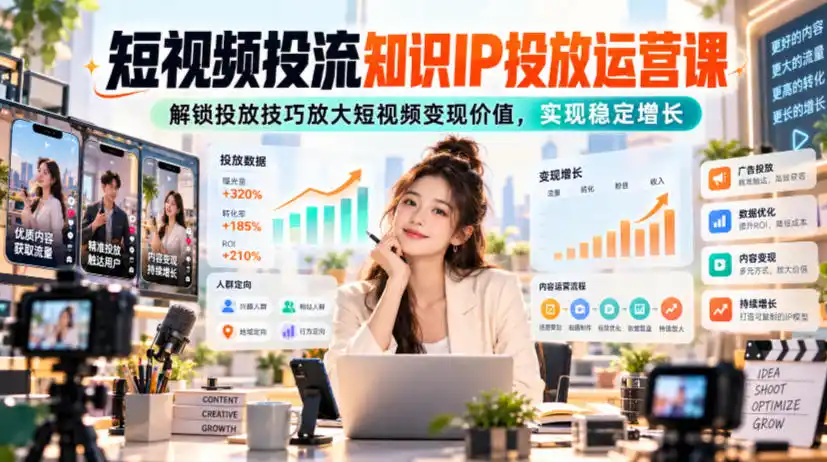 短视频投流知识IP投放运营课，解锁投放技巧放大短视频变现价值，实现稳定增长-云途创业网