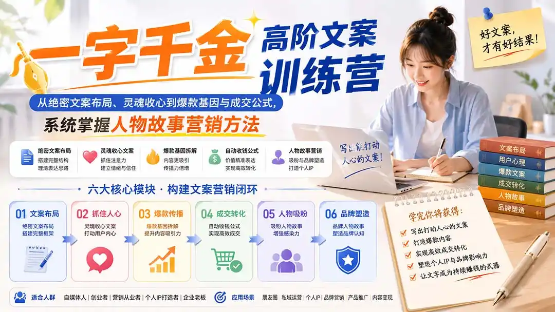 一字千金高阶文案训练营：从绝密文案布局、灵魂收心到爆款基因与成交公式，系统掌握人物故事营销方法-云途创业网