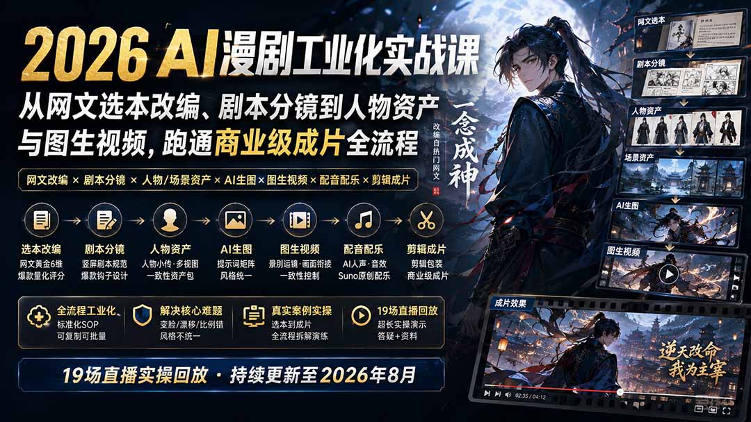 2026 AI漫剧工业化实战课-更新：从网文选本改编、剧本分镜到人物资产与图生视频，跑通商业级成片全流程-云途创业网