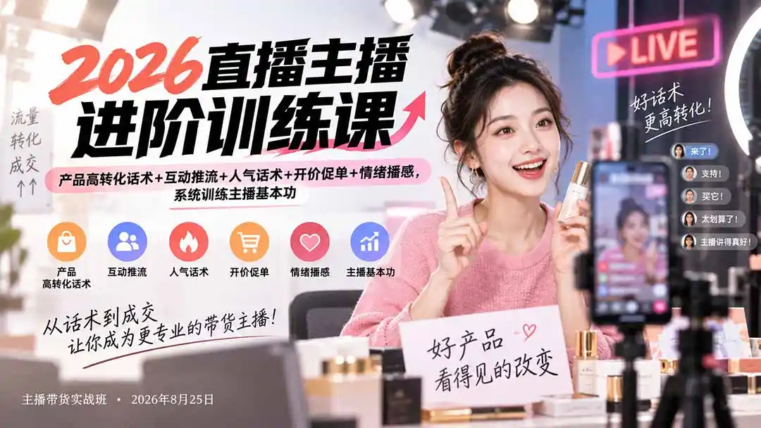 2026直播主播进阶训练课:产品高转化话术+互动推流+人气话术+开价促单+情绪播感,系统训练主播基本功-云途创业网