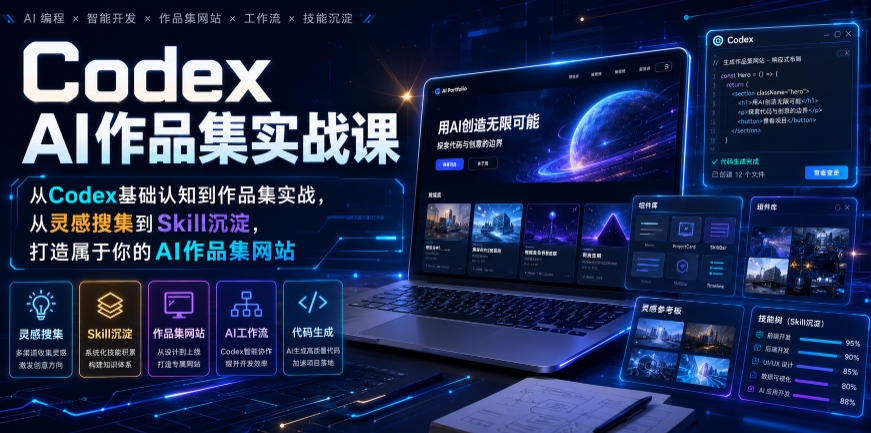 Codex AI作品集实战课，从Codex基础认知到作品集实战，从灵感搜集到Skill沉淀，打造属于你的AI作品集网站-云途创业网