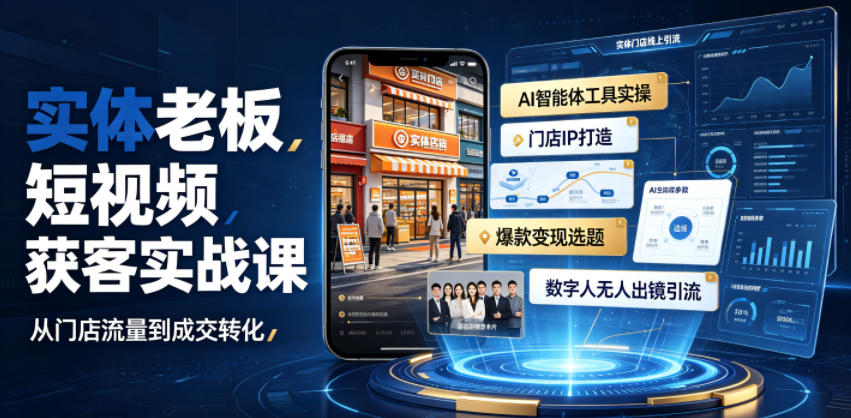 实体老板短视频获客实战课|AI智能体工具全套实操、门店IP打造、爆款变现选题、数字人无人出镜引流完整教程-云途创业网