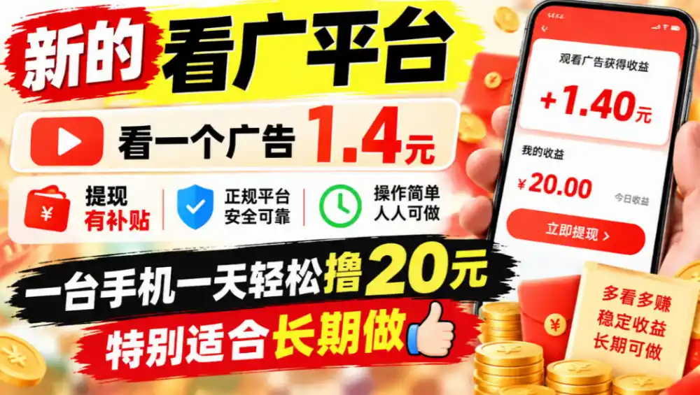 一个新的看广平台，看一个广告1.4元，提现有补贴,一台手机一天轻松撸20+，特别适合长期做【揭秘】-云途创业网
