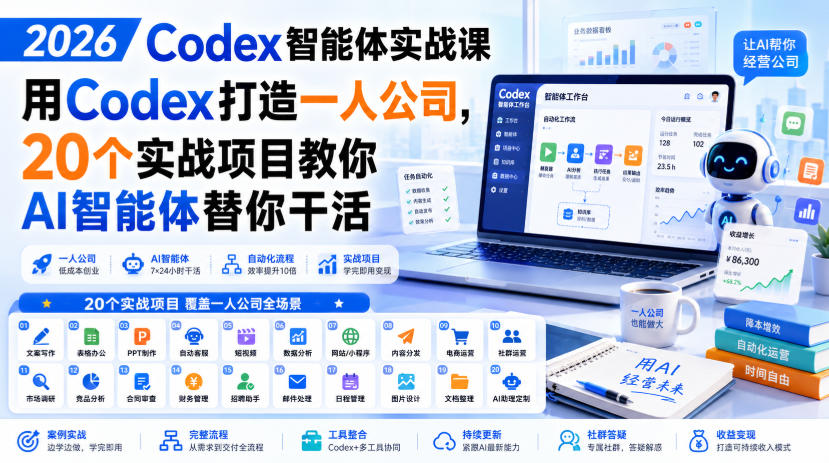 2026 Codex智能体实战课，用Codex打造一人公司，20个实战项目教你AI智能体替你干活-云途创业网