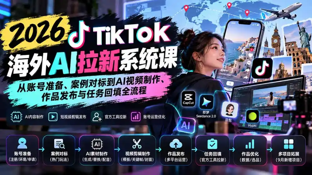 【无水印】2026 TikTok海外AI拉新系统课：从账号准备、案例对标到AI视频制作、作品发布与任务回填全流程-云途创业网