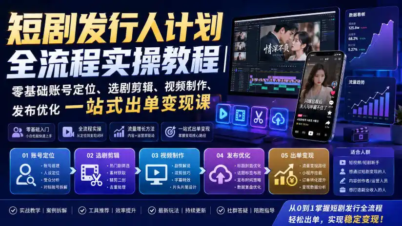 短剧发行人计划全流程实操教程｜零基础账号定位、选剧剪辑、视频制作、发布优化一站式出单变现课-云途创业网