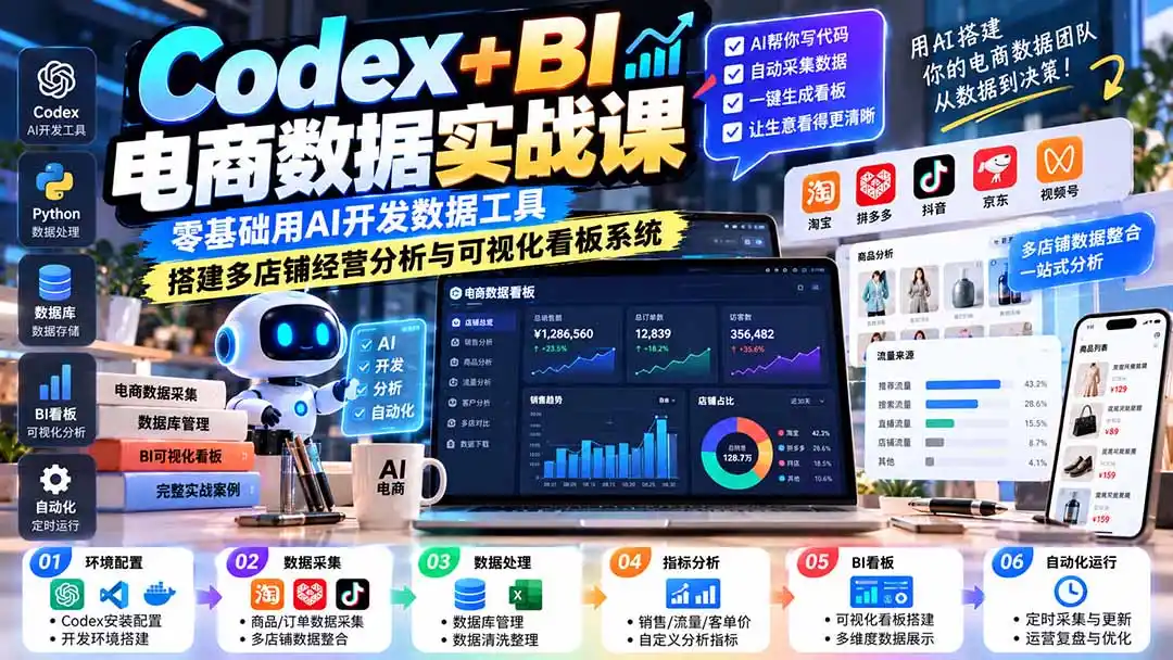 Codex+BI电商数据实战课：零基础用AI开发数据工具，搭建多店铺经营分析与可视化看板系统-云途创业网