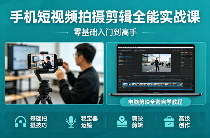 手机短视频拍摄剪辑全能实战课：零基础入门到高手，稳定器运镜+电脑剪映全套自学教程-云途创业网